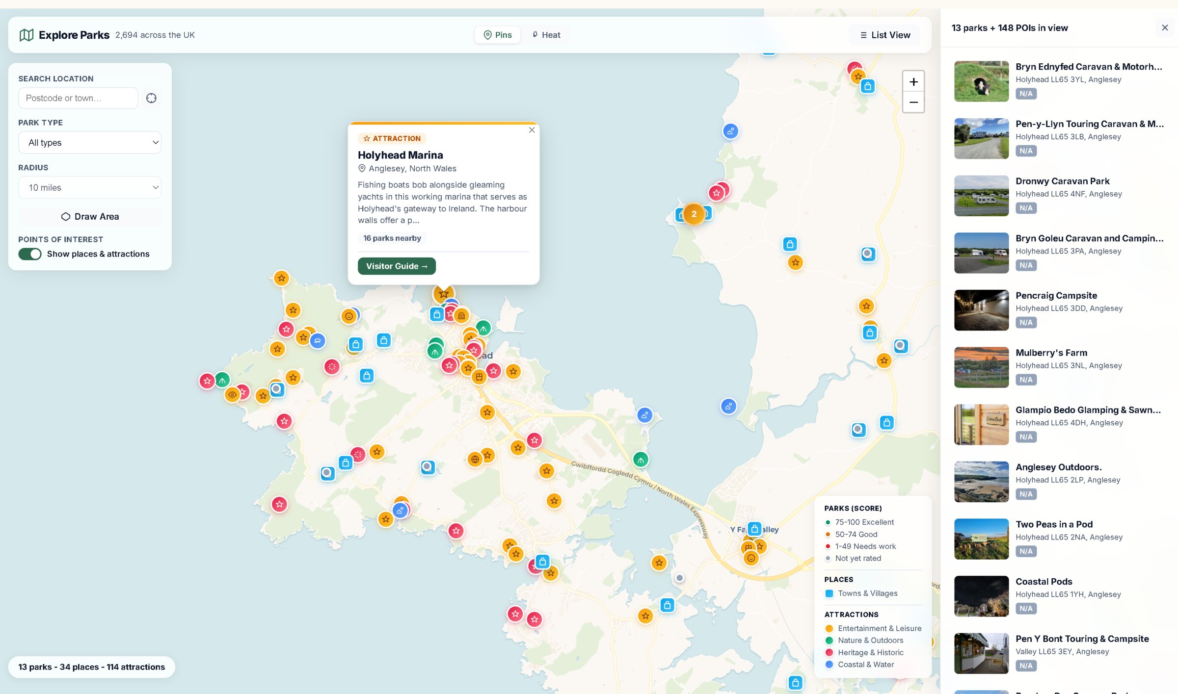 PitchPulse interactive map showing score-coded park pins, filters and nearby attractions around Anglesey